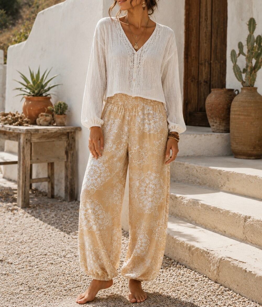 Lotus and Luna Boho Mandala Print Smocked Harem Pants Sz XS